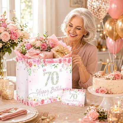 QISOLIY Pink Floral 70th Birthday Gift Bag for Women, Large Happy 70th Birthday Gift Bag with Tissue Paper and Greeting Card Included, Elegant Birthday Present Bag for Mom, Grandma, Sister and Friend - color: 70th