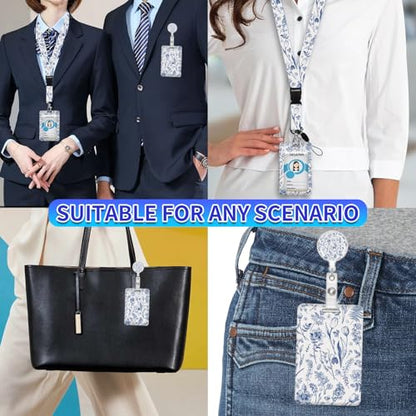 ID Badge Holder with Lanyard, Retractable Badge Holders Reels with Lanyards Adjustable, for Women Kids Teacher Nurses Doctor Student Gifts(Blue Flower Leaf) - color: Blue Flower Leaf