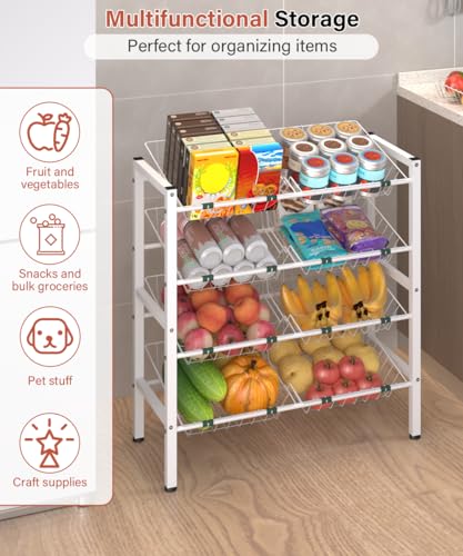 4-Tier Fruit and Vegetable Storage Rack, Freestanding Snack Stand Shelf with 8 Removable Baskets, Small Kitchen Island for Pantry Floor Organization, White