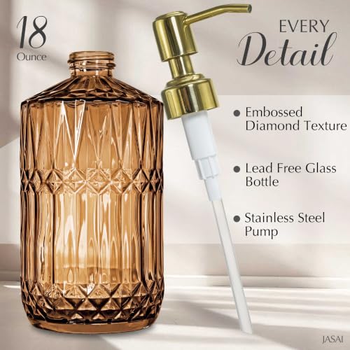 JASAI 18Oz Amber Glass Soap Dispenser with Gold RustProof Pump for Bathroom - color: Amber-golden Pump, size: 1Pack