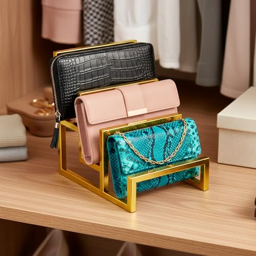 2 Pack Purse Organizer for Closet Display, 3 Layer Gold Wallet Display Riser Stand Clutch Purse Organizer Metal Wallet Rack for Handbag Home Retail Boutique Store Supplies