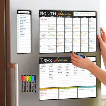 Magnetic Dry Erase Monthly Calendar Set - 17"x12" Monthly and Weekly Calendar, 4"x12" List Board for Fridge - 6 Extra Fine Point Markers Included - Shipped Flat - style: Month+Week+List-a