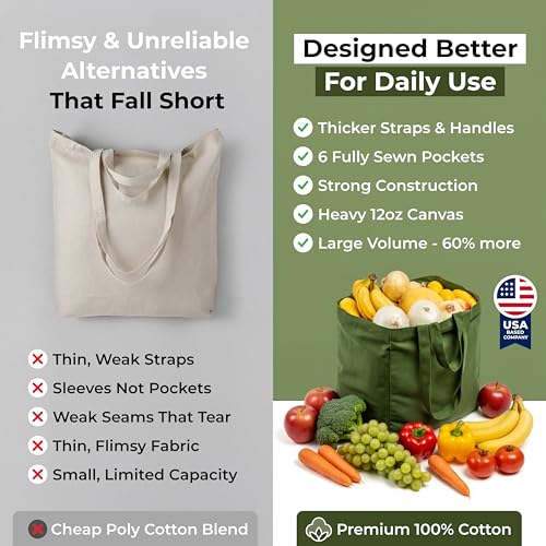 VeraMia Canvas Grocery Bag 3pc XL Set with Real Pockets, Long Shoulder Strap and Short Handle. Heavy Duty, Foldable, Washable - color: Forest