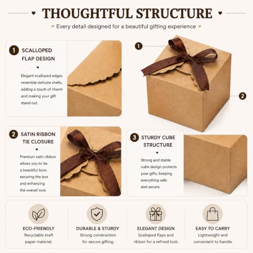 WEWILUCK Mini Brown Kraft Favor Boxes with Ribbons, 10 Pack, 3 x 3 x 3 Inch - color: Brown, size: Small 3"x3"x3" (10 Pack)