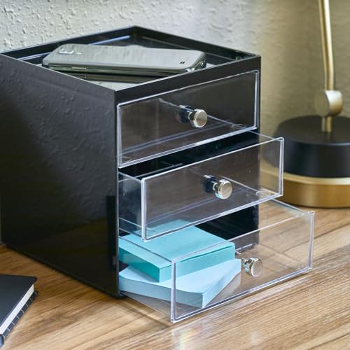 mDesign Makeup Organizer Storage Station Cube with 3 Drawers for Bathroom Vanity, Cabinet, Countertops - Holds Lip Gloss, Eyeshadow Palettes, Brushes, Blush, Mascara - Black/Clear - color: Black/Clear
