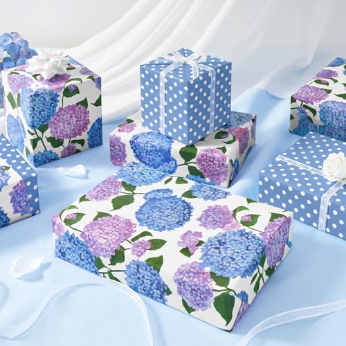 WERNNSAI Hydrangea Wrapping Paper 17 In x 33 Ft Blue Floral Wrapping Paper - color: Hydrangea