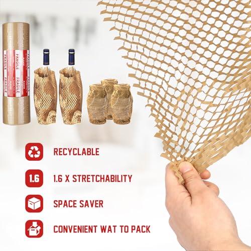 HOOPLE Honeycomb Packing Paper, Packing Paper for Moving, Alternative Bubble Cushion Wrap, Biodegradable Moving Supplies Bubble Packing Wrap Protective Roll With 30 Fragile Stickers. (khaki 15"x164') - color: khaki 15"x164'