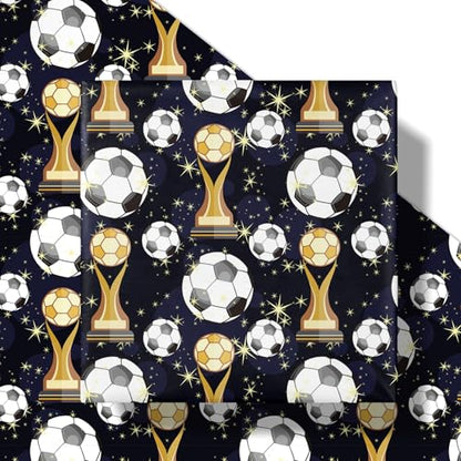 RUSPEPA Soccer Wrapping Paper Roll, Mini Roll, Football Trophy & Gold Star Design, Black Gift Wrap Paper for Boys, Kids, Teens, Sports Fans, Team Celebration, Football Party, 17 Inches x 16.4 Feet - color: Black Gold Soccer