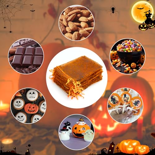 G2PLUS Halloween Organza Bags 50PCS, Orange Sheer Mesh Pouches 4x6 - color: Orange-Halloween
