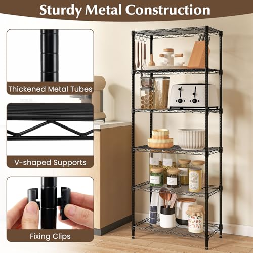 Giantex 6-Tier Storage Shelves, Adjustable Wire Shelf Rack w/4 Removable Hooks, Sturdy Steel Commercial Shelf, Heavy Duty Metal Shelving Unit for Kitchen, Garage, Pantry, Restaurant - size: 23.5"L x 13.5"W x 59"H 6T