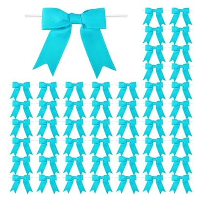 Meseey 50 Pcs 3 Inches Grosgrain Ribbon Twist Tie Bow Turquoise Pretied Premade Craft Bows for Treat Bags Gift Wrapping Basket Wedding Baby Shower Brithday Christmas Party (Turquoise) - color: Turquoise