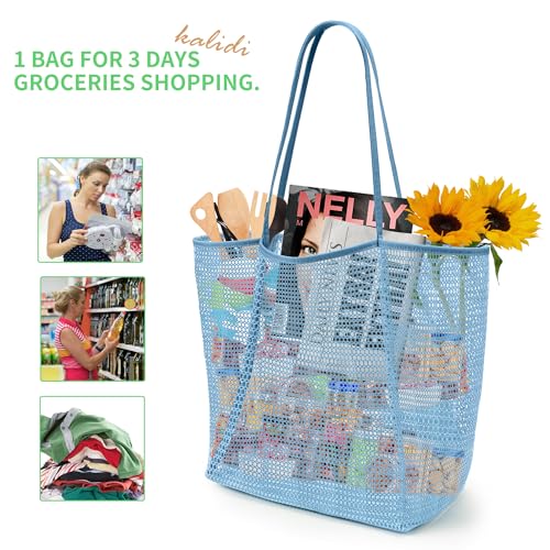 KALIDI Beach Mesh Tote Bag, Casual MAX 23L Summer Foldable Hobo Bag Women - color: Blue White