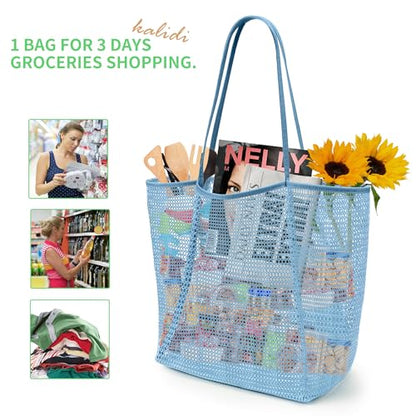 KALIDI Beach Mesh Tote Bag, Casual MAX 23L Summer Foldable Hobo Bag Women - color: Blue White
