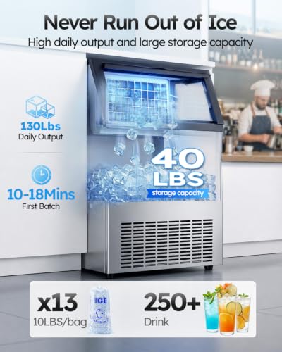 Mojgar Commercial Ice Maker 130lbs/24H with 40lbs Storage Bin ETL Approval - color: White Grey