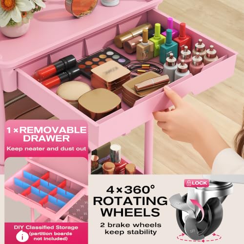 Goovilla Rolling Makeup Organizer Cart with Removable Drawer, 4 Tier Pink - color: Pink, size: 4 Tier