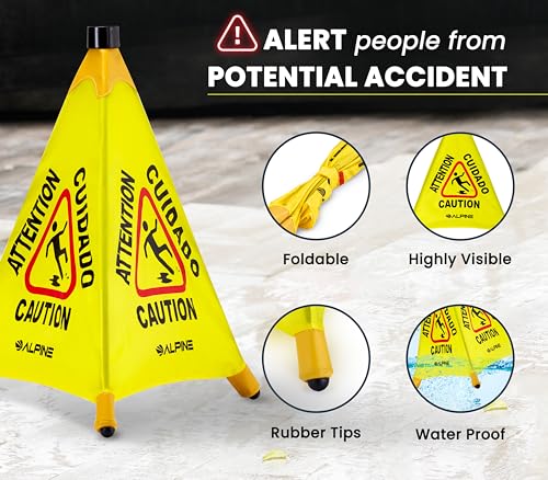 Alpine Caution Wet Floor Sign 6 Pack - Pop Up Slippery When Wet Sign, Wall Mounted Foldable Bilingual Yellow Safety Warning Caution Cone for Commercial & Office Use (20 Inches) - size: 6-Pack