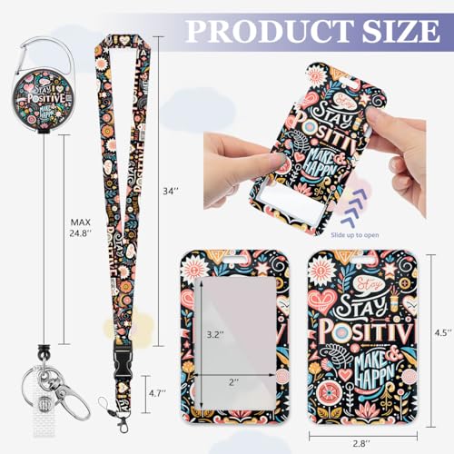 Inspirational ID Badge Holder with Lanyard and Retractable Badge Reel - color: Stay Positive