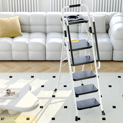KINGRACK 5 Step Ladder, Folding Step Ladders for Home, 800lb Capacity,White - size: 5-STEP