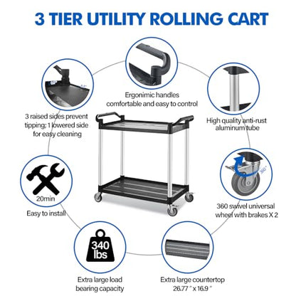 Large Utility Rolling Cart with Wheels,Plastic Utility Cart with 2 Lockable Wheels, Heavy Duty Restaurant Cart,Food Service Cart for Kitchen/Groceies/Warehouse.(2 Tier,34×17×37in / 340lbs) - size: 2 Tier - 34×17×37inches / 340lbs