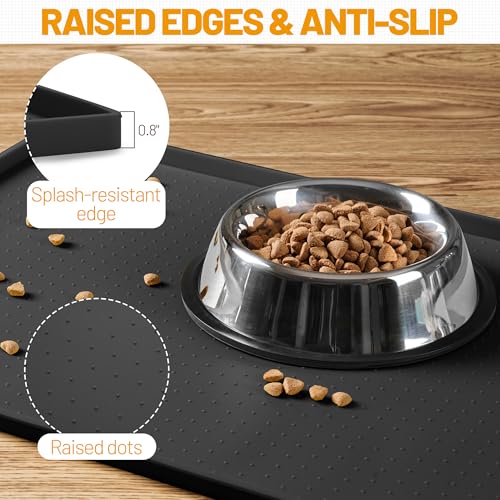 Hubulk Dog Feeding Mat,100% Waterproof Food Grade Silicone Pet Food and Water Bowl Placemat,Dishwasher, High Raised Edge to Prevent Spills,Nonslip Tray to Stop Messes on Floor（28"x18"x0.8", Black） - color: Black, size: 28"l X 18"w