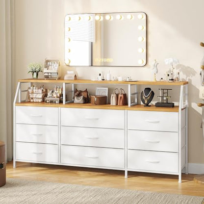 Homkdom White Dresser for Bedroom with 9 Fabric Drawers & Display Top Shelf - color: White
