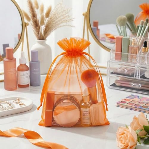 FUNFERY 100Pcs Orange Organza Bags 5x7 in,Small Mesh Drawstring Gift Bag - color: Classic Orange