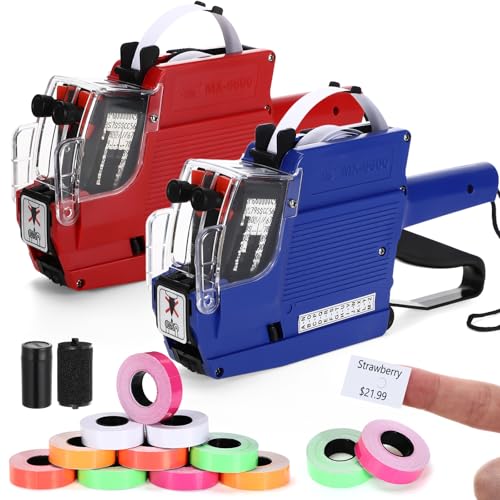Dunzoom 2 Pack 2 Line 20 Digits Price Label Gun with Letters A-Z, 10 Rolls Assorted Color Labels for Dates and Codes Price Tag Marker Machine for Retail Store Inventory Date Coding Yard Sale