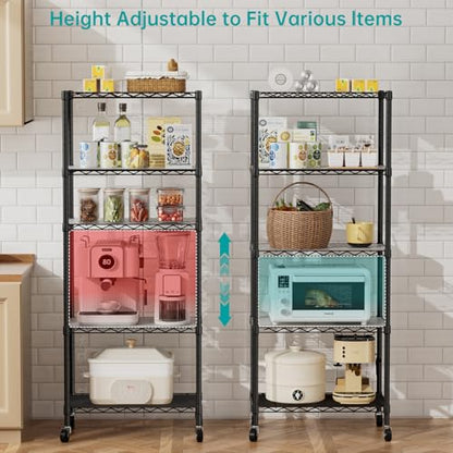 SINGAYE 5 Shelves Storage Wire Shelf Closet Metal Shelving Pantry Wheels - color: Black, size: 5Tier/14"D X 24"W X 61"H