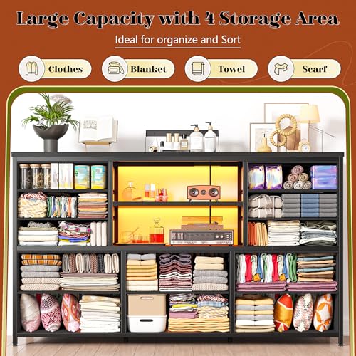 EnHomee Dresser for Bedroom with LED Lights & Charging Station - color: Black