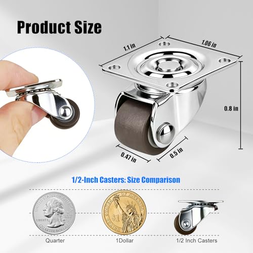 1/2 Inch Small Caster Wheels, Low Profile Swivel Silent Rubber Casters (16)