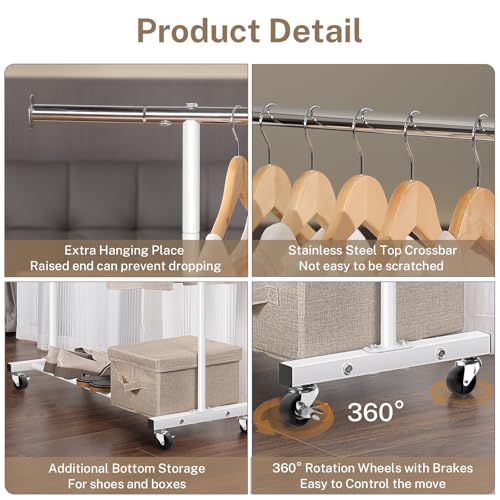 VICERII Clothes Rack, 130LB Capacity Heavy Duty Clothing Rack with Wheels and Bottom Shelf, 52.17 Inch Rolling Racks for Hanging Clothes, Coats, Shirts, Sweaters, Skirts, Dress, White - color: Matte White, size: Single