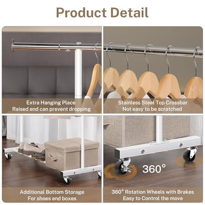 VICERII Clothes Rack, 130LB Capacity Heavy Duty Clothing Rack with Wheels and Bottom Shelf, 52.17 Inch Rolling Racks for Hanging Clothes, Coats, Shirts, Sweaters, Skirts, Dress, White - color: Matte White, size: Single