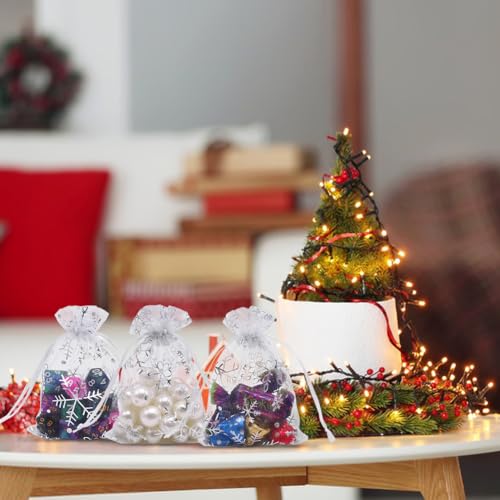 HRX Package 100pcs Snowflake Organza Christmas Gift Bags for Candy Jewelry - color: White