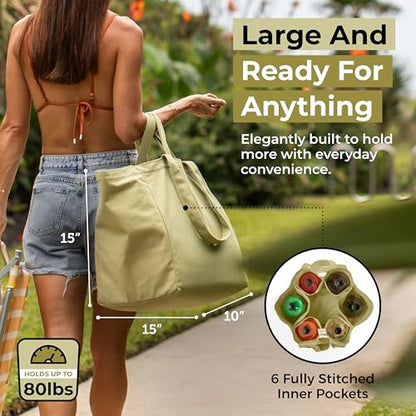 VeraMia Canvas Grocery Bag 3pc XL Set with Real Pockets, Long Shoulder Strap and Short Handle. Heavy Duty, Foldable, Washable - color: Avocado