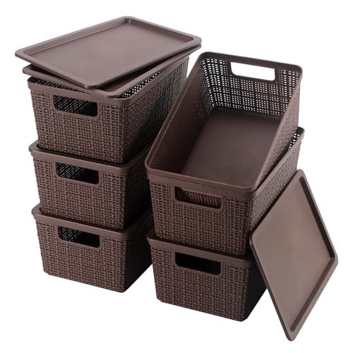 6 Pack Plastic Storage Baskets with Lid,Brown Stackable Bins - color: Brown