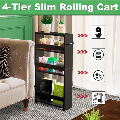 MARTY Slim Rolling Storage Cart, Wood Utility Kitchen Bathroom Laundry Cart - color: Black, size: 5.51"D x 15.75"W x 31.5"H