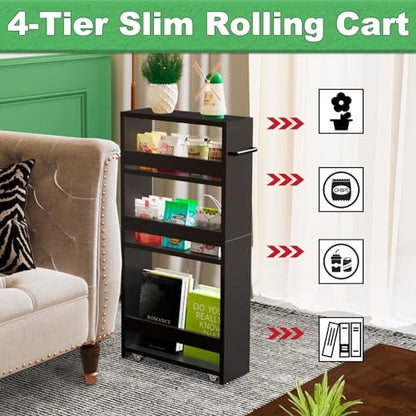 MARTY Slim Rolling Storage Cart, Wood Utility Kitchen Bathroom Laundry Cart - color: Black, size: 5.51"D x 15.75"W x 31.5"H