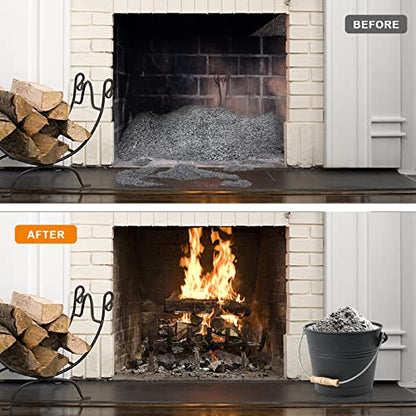 Poofzy Ash Bucket for Fireplace, 1.3 Gallon Ash Bucket with lid for Wood Stove, Includes Shovel, Broom and Gloves Indoor & Outdoor - size: 1.3 Gallon (Black)