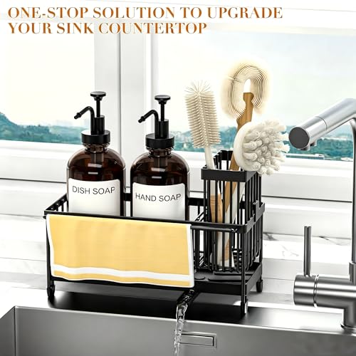 Kitchen Soap Dispenser Set with Sponge Holder and Towel Rack, 17OZ Glass Bottle, Hand and Dish Soap Dispenser Set, Non-Slip Silicone Pad, Brush Holder, Kitchen Sink Caddy Organizer Countertop (Amber) - color: Amber