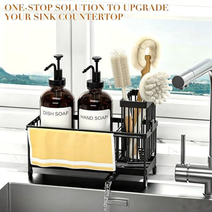 Kitchen Soap Dispenser Set with Sponge Holder and Towel Rack, 17OZ Glass Bottle, Hand and Dish Soap Dispenser Set, Non-Slip Silicone Pad, Brush Holder, Kitchen Sink Caddy Organizer Countertop (Amber) - color: Amber