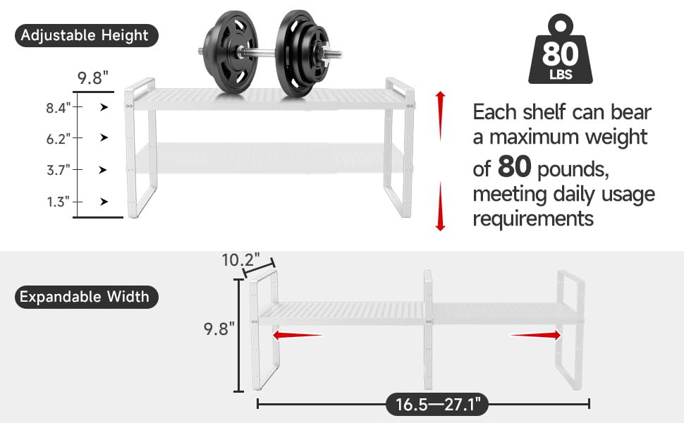 16.5~27.1" Expandable Shelf with Hole，2Pack 10.2" Wide Stackable Cabinet Shelves，White - color: White, size: 2Pcs // 10.2''W-K