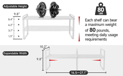 16.5~27.1" Expandable Shelf with Hole，2Pack 10.2" Wide Stackable Cabinet Shelves，White - color: White, size: 2Pcs // 10.2''W-K
