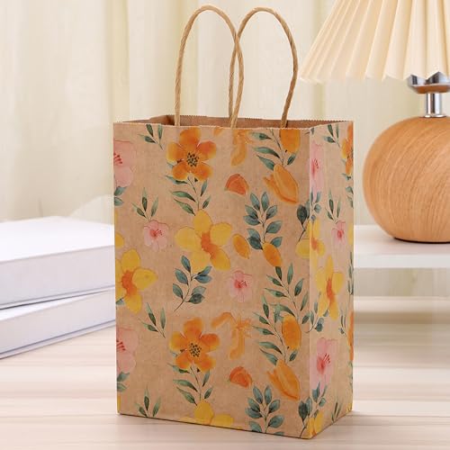 24pcs Floral Pattern Kraft Paper Bag Gift Bags with Handles for Party Favors, Mothers Day, Weddings, Birthday Celebration, Baby Shower,8.26×5.9×3.14inch - color: flower