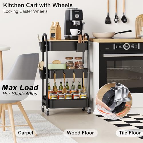 3 Tier Metal Heavy Duty Rolling Cart with Wheels & Wood Table Top, Black - color: Black