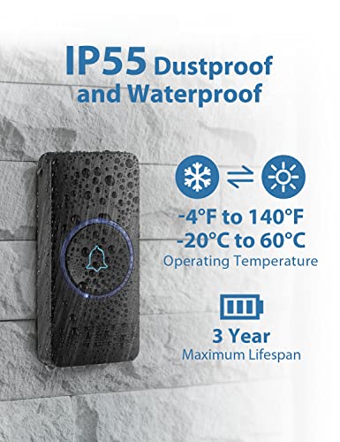 AVANTEK Wireless Doorbell, 1300 ft Range, Waterproof, 2 Receivers, Black - color: Black