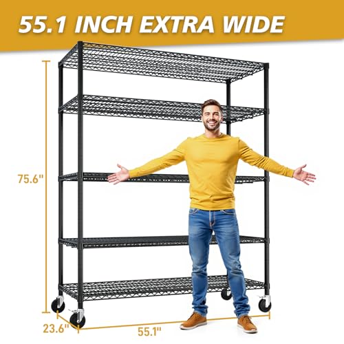 5-Tier Shelf, Adjustable Wire Metal Rack Shelving, Heavy Duty Standing Storage Shelves, Garage, Kitchen, Office, Bathroom, Shelfs Easy Assembly, 55" W x 24" D x 76" H Wheels, Black - color: Black, size: 5-tier 55.12"W x 23.62"D x 75.59"H Wheels