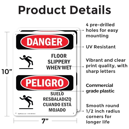 (2 Pack) Floor Slippery When Wet Bilingual OSHA Danger Sign 7 Inch X 10 Inch Plastic Sign, Weather Resistant, UV Protected for Workplace, Business, and Construction Site, Made in the USA