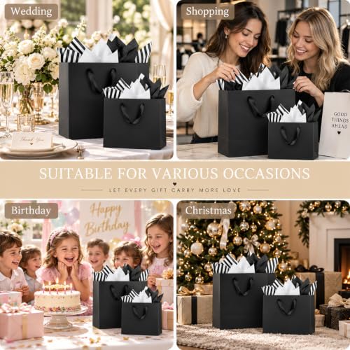 Offizon 12 PCS Black Gift Bags in 3 Sizes with Stripe Tissue - color: 3 Sizes-Black-12PCS