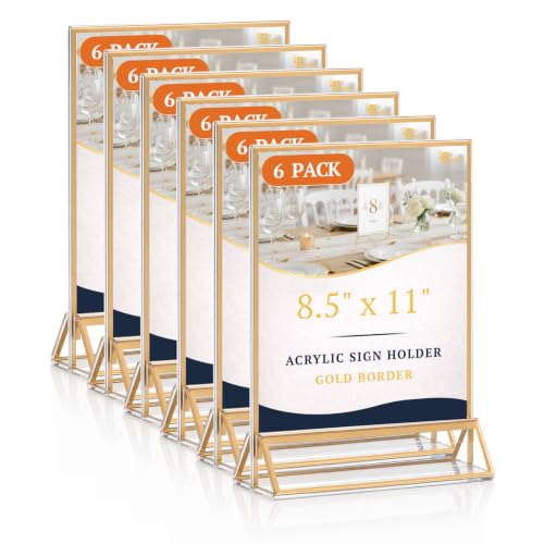 EHWINE 6 Pack 8.5×11 Clear Acrylic Sign Holder with Gold Borders and Vertical Stand, Double Sided Table Menu Holders Picture Frames for Wedding Table Numbers, Restaurant Signs, Photos and Art Display