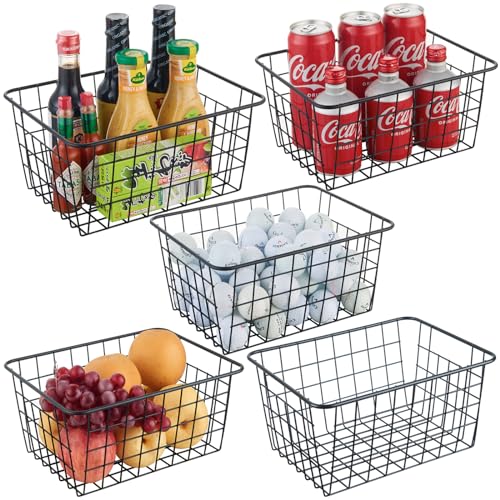 JUNCHU CHERRY Wire Kitchen Storage Basket 5 Packs,Perfect Pantry Organization Accessories Basket,Laundry,Countertop Organization,Suitable for Kitchen,Bathroom,Bedroom,Tabletop,Stackable,Black - color: 5 Black